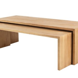 Set 2 mesas madera mindi 140x50x45 130x50x40 cm